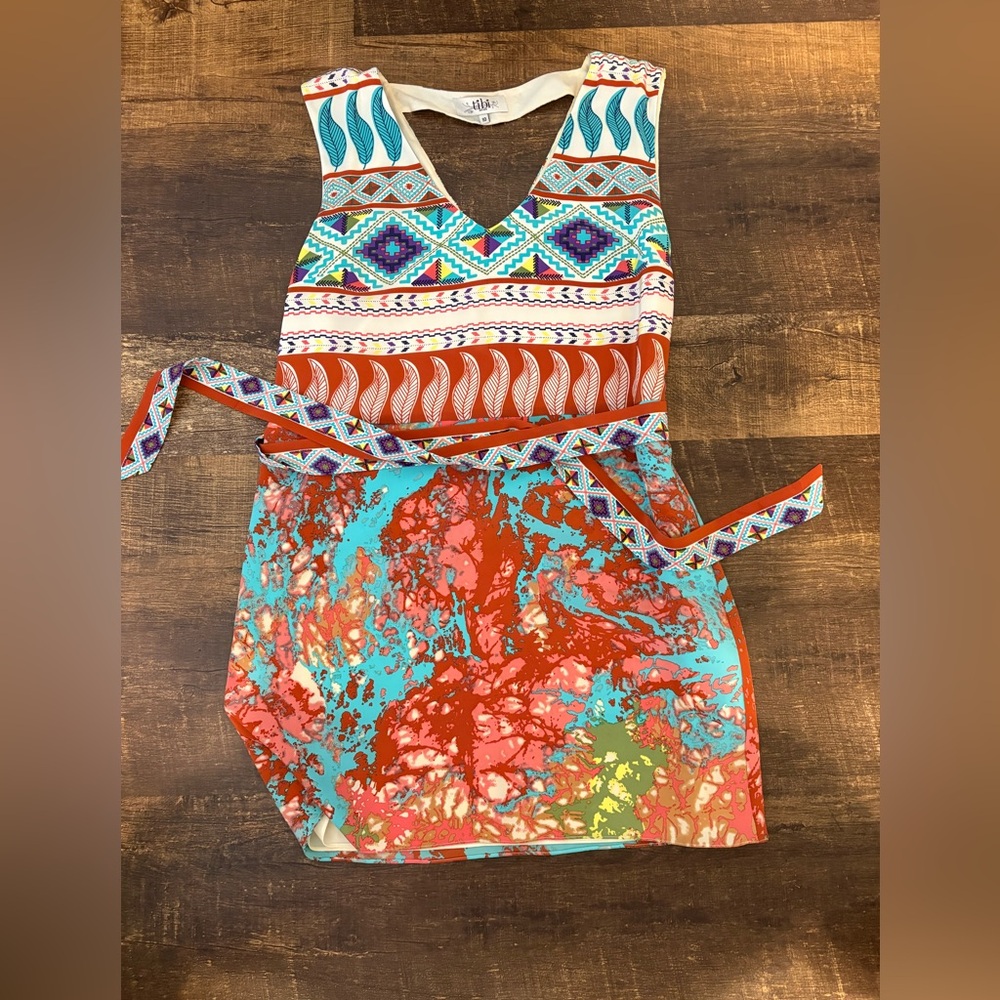 Tibi Multicolor Patterned Mini Dress - Turquoise, Red, Orange